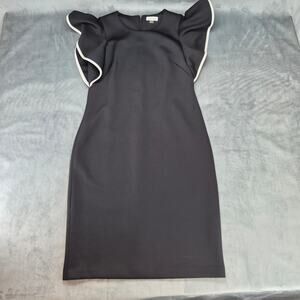 Calvin Klein Flutter Piped-Ruffle Sheath Dress Black White Contrast Piping Sz 12